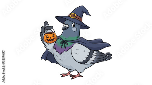 Halloween Pigeon Costume: A playful and humorous illustration of a pigeon dressed up in a witch's hat and cape, holding a jack-o'-lantern treat bag, embodying the spirit of Halloween.