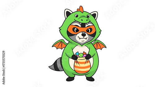 Raccoon in Dragon Costume: This adorable raccoon embodies whimsical charm, donning a bright green dragon costume with orange accents, its mischievous eyes peering out, a bag of candy in hand.