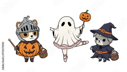 Halloween Puppy Trio: Three adorable cartoon puppies dressed in festive Halloween costumes gather in a joyful group, embodying the fun and spirit of Halloween season.