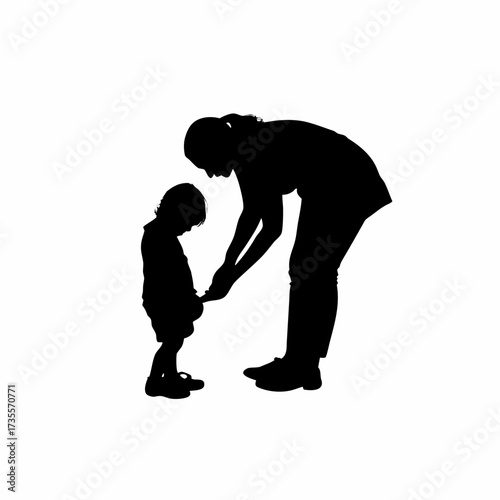 Silhouette of a caregiver helping a child tie shoelaces isolated on white background
