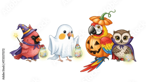 Halloween Birds' Parade: A colorful and charming illustration depicting a quartet of birds dressed in festive Halloween costumes, each holding a lantern, ready for trick-or-treating.