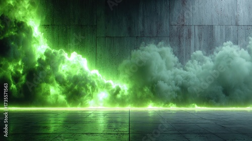 Vibrant green glowing smoke and fog flowing over dark concrete floor with dramatic lighting in a futuristic abstract scene