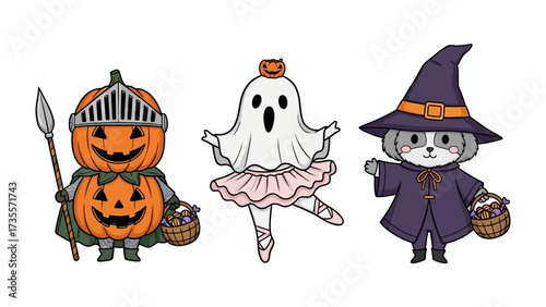 Halloween Trio in Celebration: Delightful and whimsical Halloween illustrations of Pumpkin Knight, Ballerina Ghost, and Witch Dog, ready to cast a spell of fun and mischief. 