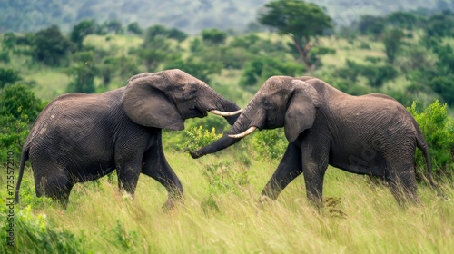 Two African elephants playing together in Kruger National Park, South Africa, showcasing social behavior and wildlife interaction in natural savanna habitat during daytime outdoor environment