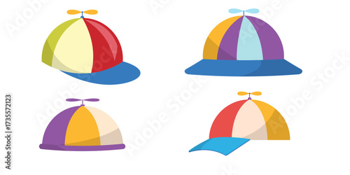 Vector propeller hat icons set isolated on white background colorful cap collection playful whimsical headwear design variety of styles fun cartoon accessory illustration graphic element design