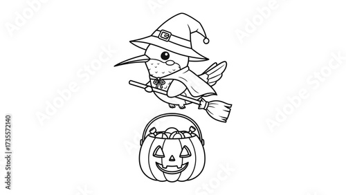 Halloween Bird's Witchcraft: A charming, hand-drawn illustration of a bird dressed as a witch, soaring on a broomstick above a jack-o'-lantern overflowing with treats, all set against a clean canvas.
