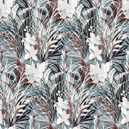 Botanical seamless pattern with graceful flowers and orchid sulhouettes for textiles (1). High quality photo