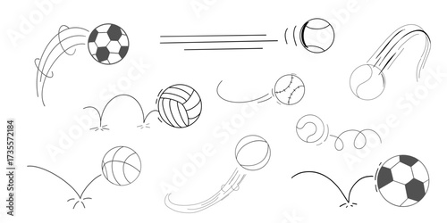 Bounced ball comic manga effect, doodle line hand drawn ball jump trajectory, ball motion expression. Sketch movement.