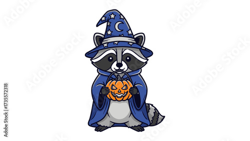 Mystical Raccoon with Halloween Pumpkin: This whimsical illustration showcases a charming raccoon in a wizard's attire, complete with a pointy hat adorned with stars and a crescent moon.