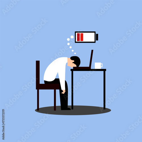 Frustrated worker mental health problems. Tired male manager in office sitting with head down on laptop. Vector long work day illustration