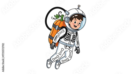 Halloween Astronaut: A child in a skeleton astronaut costume flies through space, wearing a helmet and backpack and carrying a giant pumpkin.