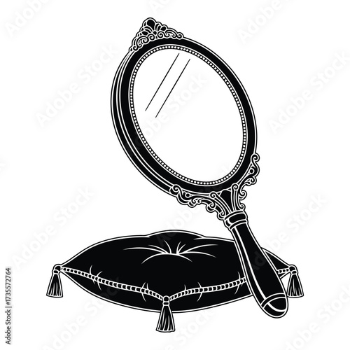 Vector art of antique hand mirror on a velvet cushion