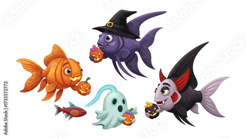 Halloween-themed Fish in Aquatic Reverie: A whimsical scene presents an enchanting arrangement of aquatic creatures adorned in Halloween attire, ready to engage in trick-or-treat festivities. 