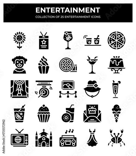 Collection of 25 Entertainment Icons. Glyph Style