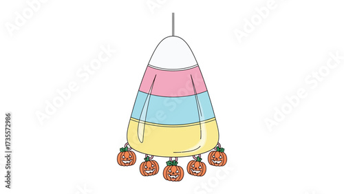 Whimsical Halloween Candy Corn: A whimsical and artistic illustration of candy corn with the essence of Halloween, festooned with carved pumpkin ornaments, all artfully composed in vibrant hues.