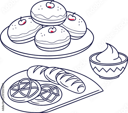 assorted baked goods including pastries bread and cream in blue and red line art style