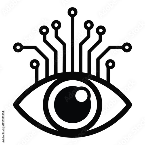 Vector art of abstract eye icon with circuit board connections, representing technology and vision