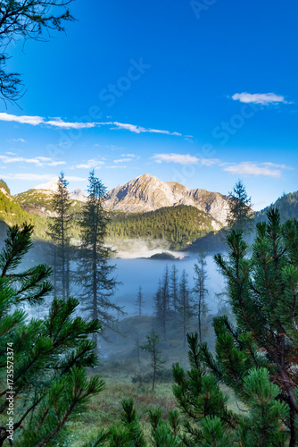 Misty alpine landscape above Funtensee in the Berchtesgaden Alps
