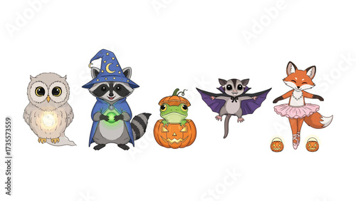Whimsical Halloween Gathering: A collection of cute, cartoon animals, each embodying the spirit of Halloween through adorable costumes and thematic elements.