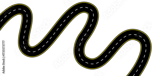 Top aerial view of a long winding asphalt roadway with dashed center lines subtle wave texture vector graphic great for highway maps route icons transport projects journey backgrounds and empty street
