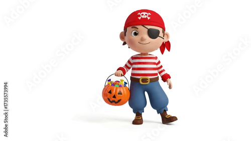 Little Pirate’s Halloween Bounty: An adorable little pirate character with a candy-filled Jack O'Lantern bucket, capturing the spooky and fun of Halloween. 