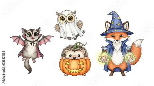 Enchanting Halloween Creatures: A charming collection of cartoonish Halloween characters, featuring a vampire sugar glider, a ghostly owl, a hedgehog in a pumpkin, and a wizard fox.