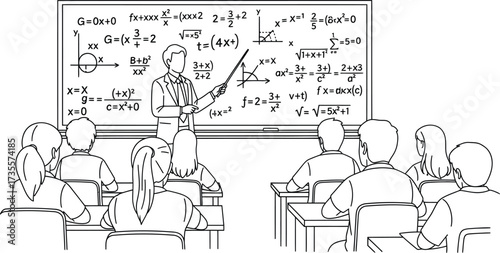 A teacher is teaching math to students in a classroom with a blackboard full of mathematical formulas