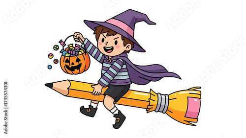 Whimsical Halloween Journey: A young wizard joyfully rides a fantastical pencil-rocket, a pumpkin basket overflowing with treats in hand.
