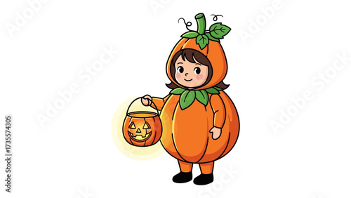 Spooky Pumpkin Girl: A cute young girl dressed in a vibrant pumpkin costume, holding a glowing jack-o'-lantern, capturing the spirit of Halloween. 