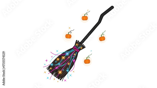 Whimsical Witch's Broom: A stylized, whimsical illustration of a witch's broom adorned with glowing lights and accompanied by floating pumpkins.