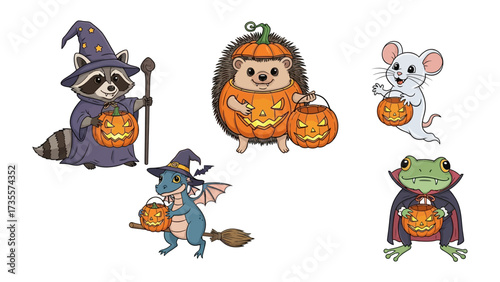 Halloween Animal Gathering: A charming assortment of animals is ready for a night of trick-or-treating, each one costumed and carrying a glowing Jack o'Lantern.