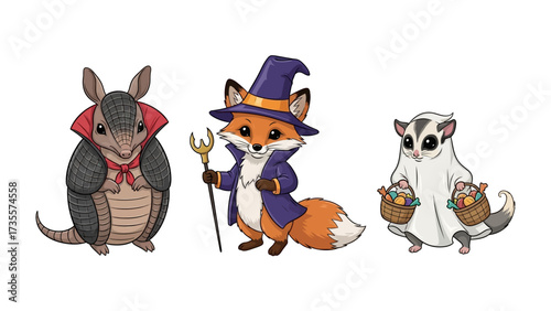 Whimsical Halloween Trio: An enchanting collection of whimsical Halloween characters, including an armadillo in a vampire costume, a cunning fox wizard, and a sugar glider ghost, come together.