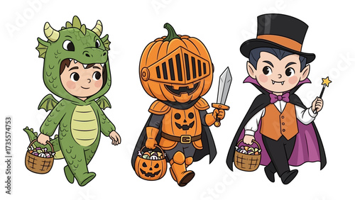 Halloween Trio: A whimsical trio of children in charming costumes embarks on a Halloween adventure, each carrying a treat-filled basket and radiating the spirit of the season.