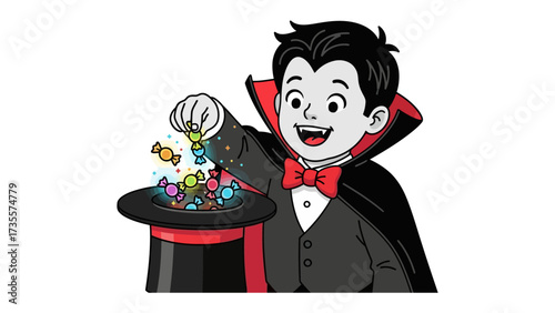 Halloween Magician: A cheerful young magician in a costume conjures colorful candies from a stylish top hat, celebrating Halloween and delighting with his charm.