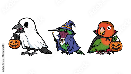 Halloween Birds in Costume: Adorable birds are dressed up in creative costumes to bring a delightful festive spirit to the spooky season. These avian creatures embody the playful essence of Halloween.
