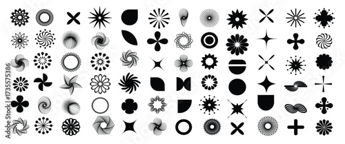Set of geometric abstract floral shapes, set of vector icons as flowers, stylish retro brutal minimalist art. Simple collection of Memphis y2k elements, flat bauhaus template 