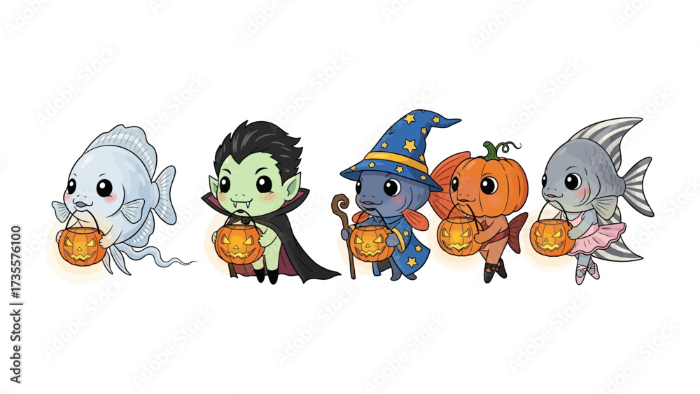 Fototapeta premium Underwater Halloween Masquerade: A whimsical underwater scene featuring adorable cartoon fishes dressed in Halloween costumes, creating a festive and imaginative holiday tableau.