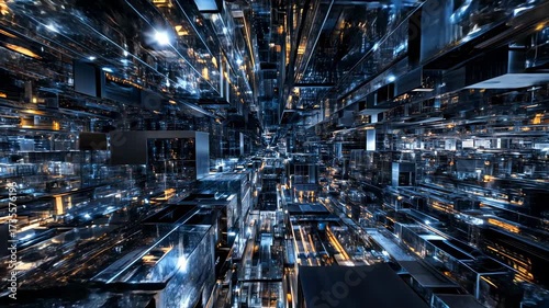 Futuristic data‑city tunnel flying through luminous grids and server canyons; high‑speed digital warp evokes AI, fintech, and cloud—ideal for corporate tech reels, cybersecurity explainers, innovation