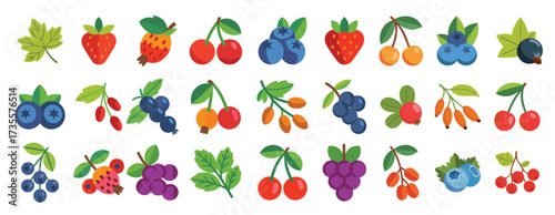flat collection of various colorful berries and fruits vector illustration