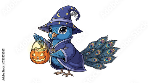 Magic Bird's Halloween Trick or Treat Adventure: A charming blue bird, costumed as a wizard, is embarking on a delightful Halloween trick-or-treat journey, carrying a carved pumpkin bucket.