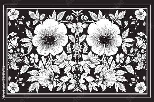  Laser cut black flower frame drawing in classic black and white, designed with delicate floral patterns and ornamental borders.