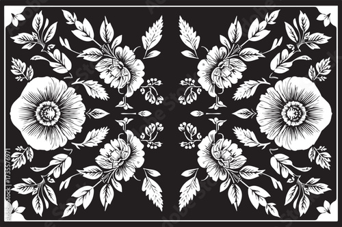  Laser cut black flower frame drawing in classic black and white, designed with delicate floral patterns and ornamental borders.
