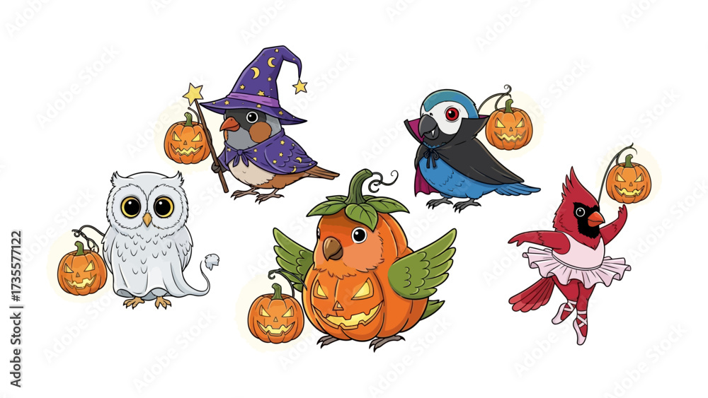 Fototapeta premium Enchanting Halloween Birds: A whimsical collection of festive bird characters, each adorned in unique Halloween costumes and carrying miniature jack-o'-lanterns, perfect for seasonal themes. 