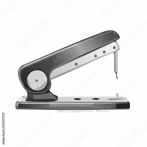 Illustration of a gray and silver stapler on a white background.