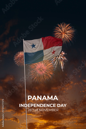 Sky with stars and fireworks waving National flags of Panama