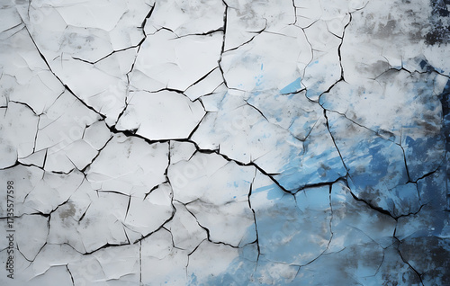 striking image of a cracked ice surface with a hint of sky blue, symbolizing fragility, change, and resilience. Capturing the essence of natural beauty.