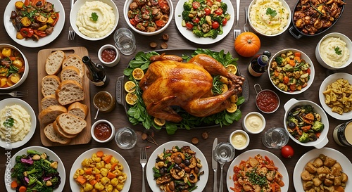 a holiday feast with a roasted whole turkey as the centerpiece.It's surrounded by every imaginable side dish from mashed potatoes to roasted vegetables,a variety of sauces,breads. 