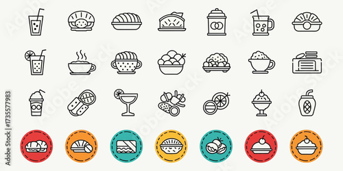 Collection of various food and drink items depicted as simple line art on a white background, showcasing a minimalist and clean aesthetic.