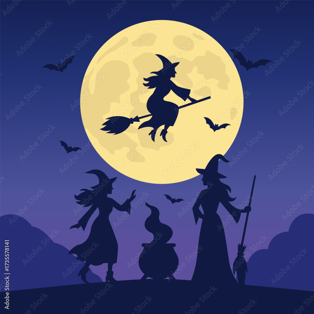 Fototapeta premium Vector illustration of witches at night — one flying on a broom, two near a cauldron, with full moon and bats in the background. Mystical Halloween night scene in silhouette style.