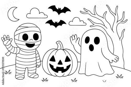 Halloween coloring page featuring a cute mummy, friendly ghost, pumpkin jack-o’-lantern, bats, moon, and spooky tree. Fun cartoon illustration for kids activity or coloring book.